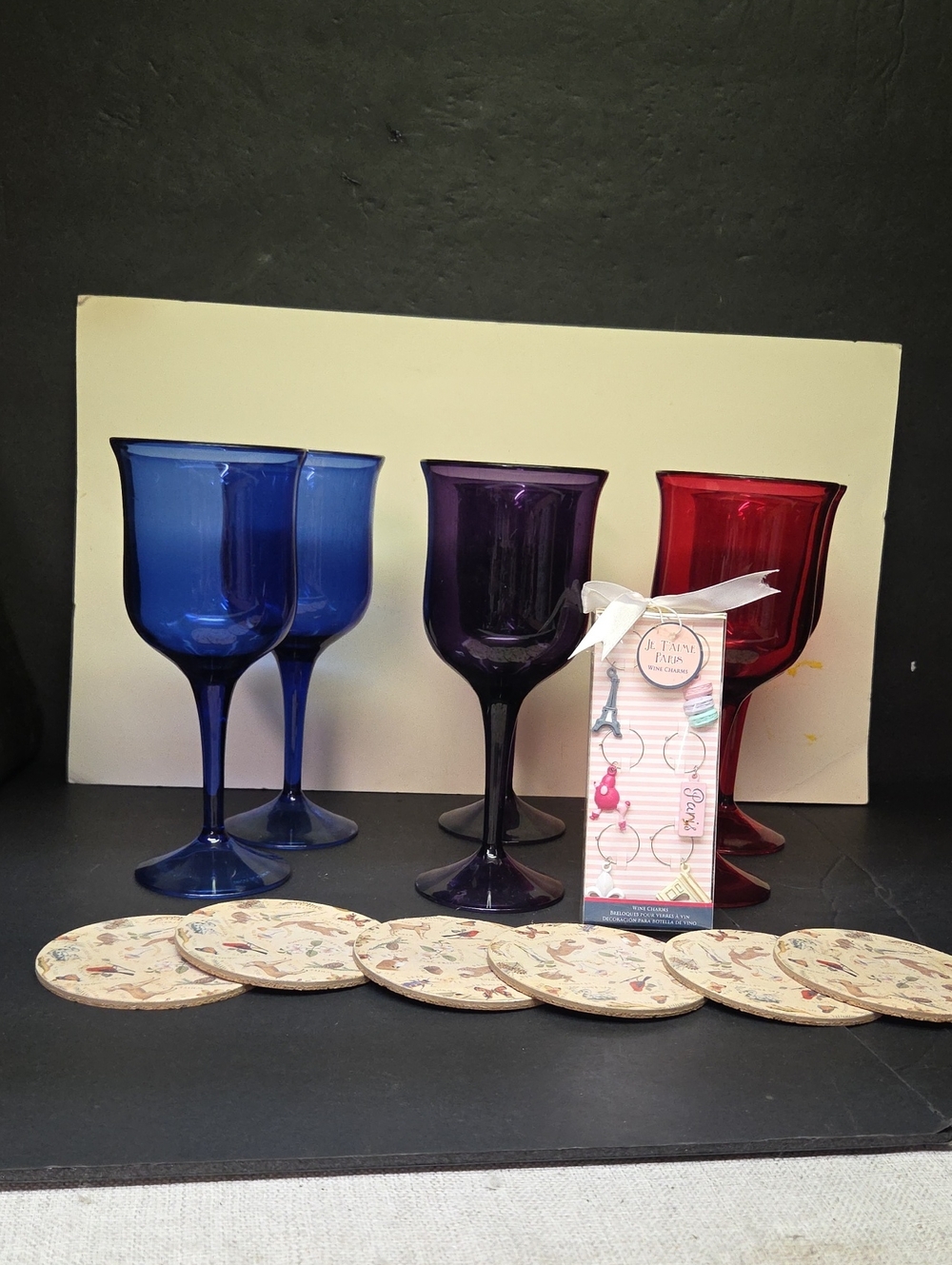 Set of 6 Red, Blue, Purple Melamine Goblets From KOHL’S, Coasters,‎ Wine Charms